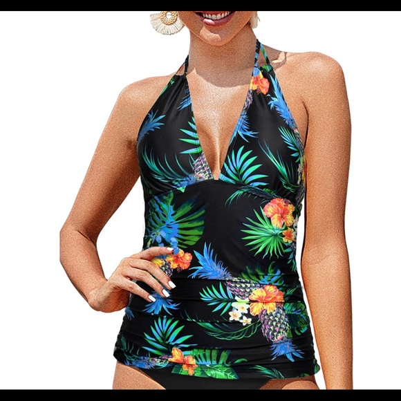 Double strap Tie neck tropical pineapple print tankini XXL - Picture 1 of 4